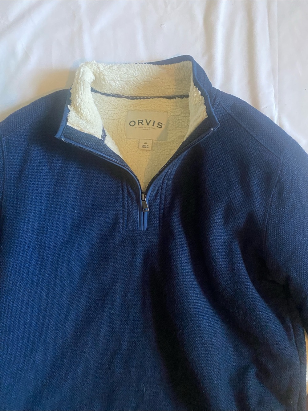 Orvis Men's Navy Zip-Up Sweater with Cream Sherpa Lining